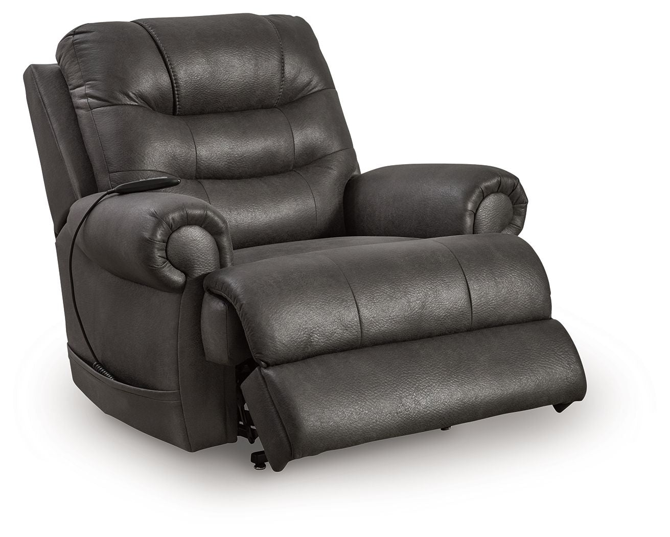 Black leather-look power lift recliner with wide armrests and extended footrest