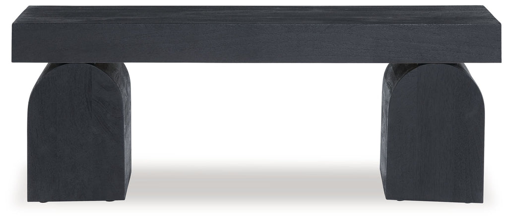 Black accent bench with flat rectangular seat and rounded block end legs