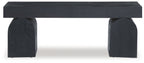 Black accent bench with flat rectangular seat and rounded block end legs