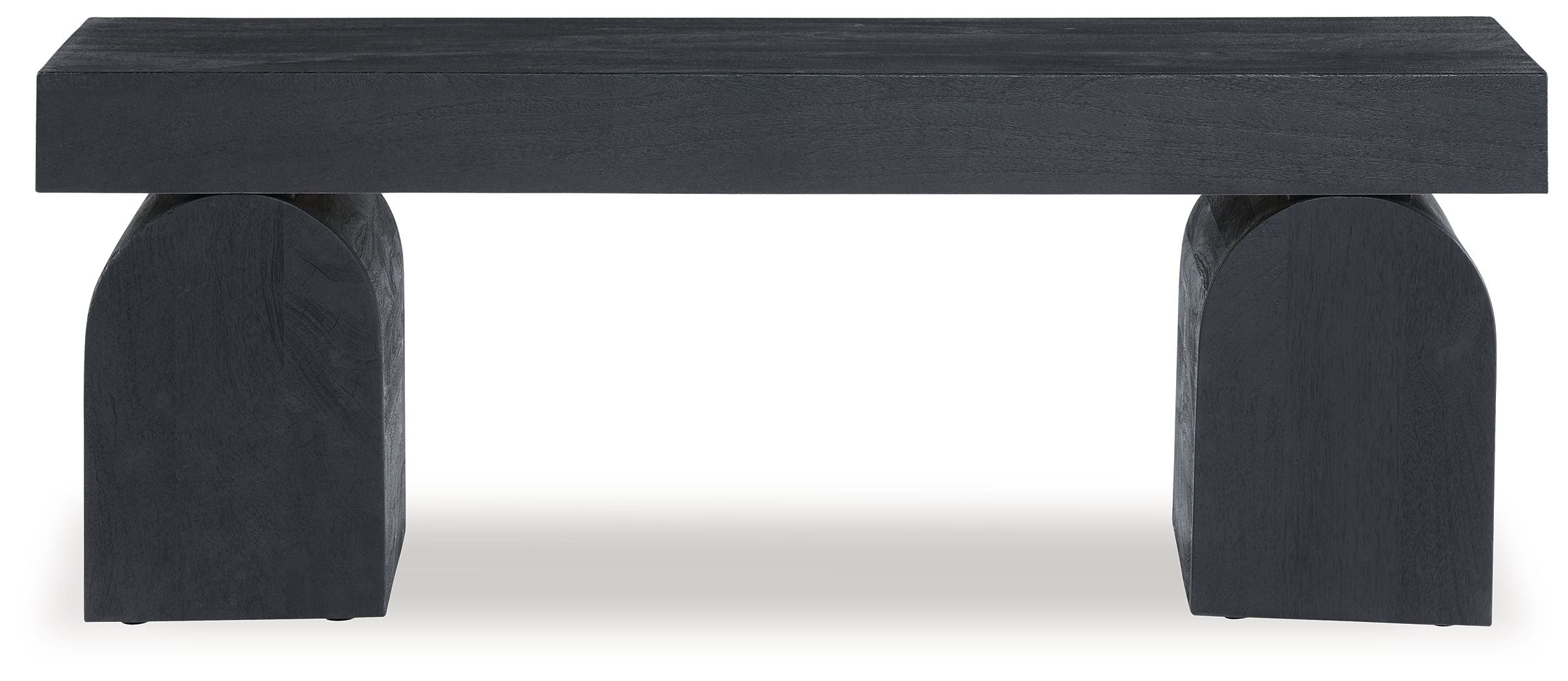 Black accent bench with flat rectangular seat and rounded block end legs