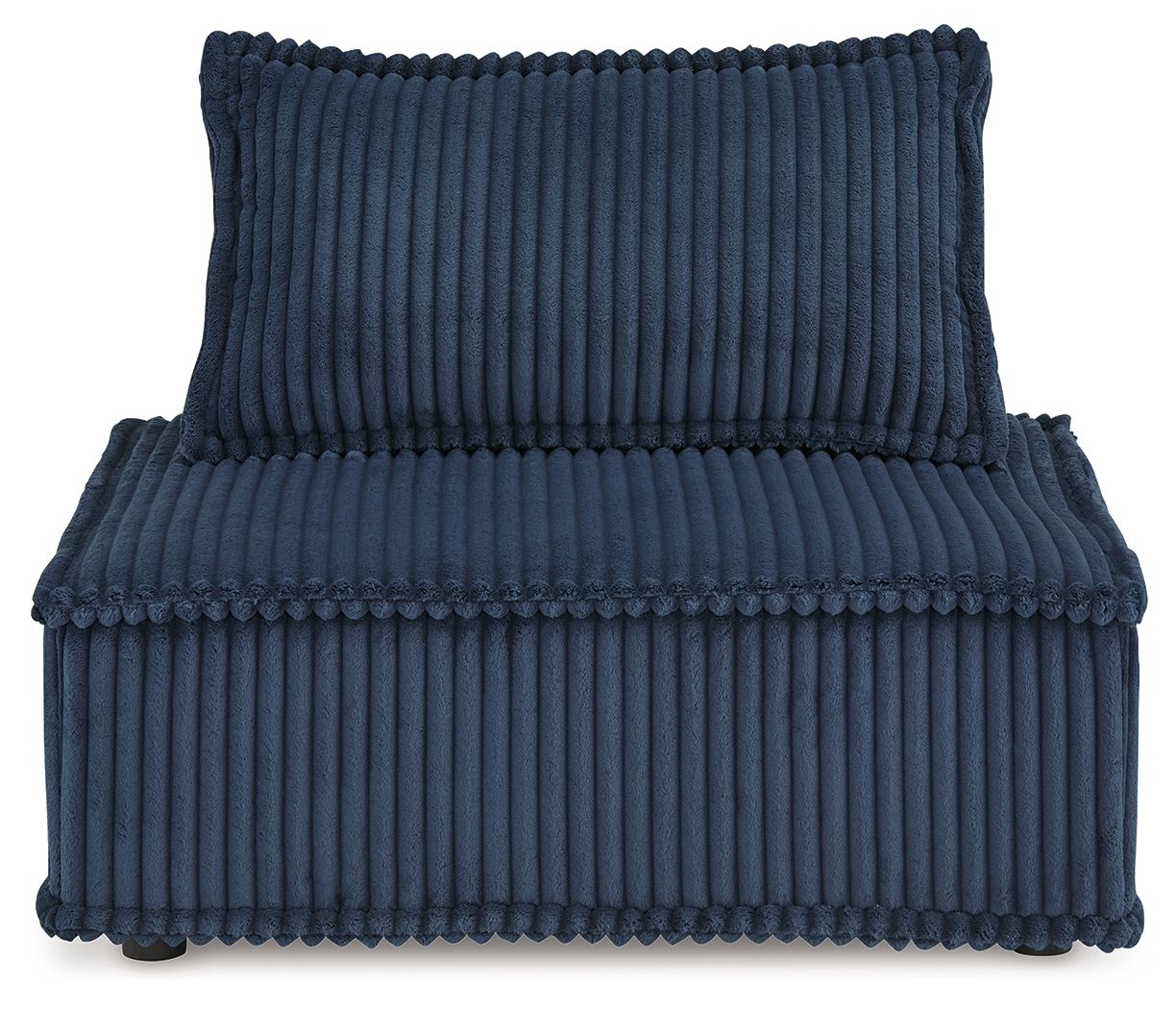 Blue ribbed accent chair, side view with tufted high back and padded seat