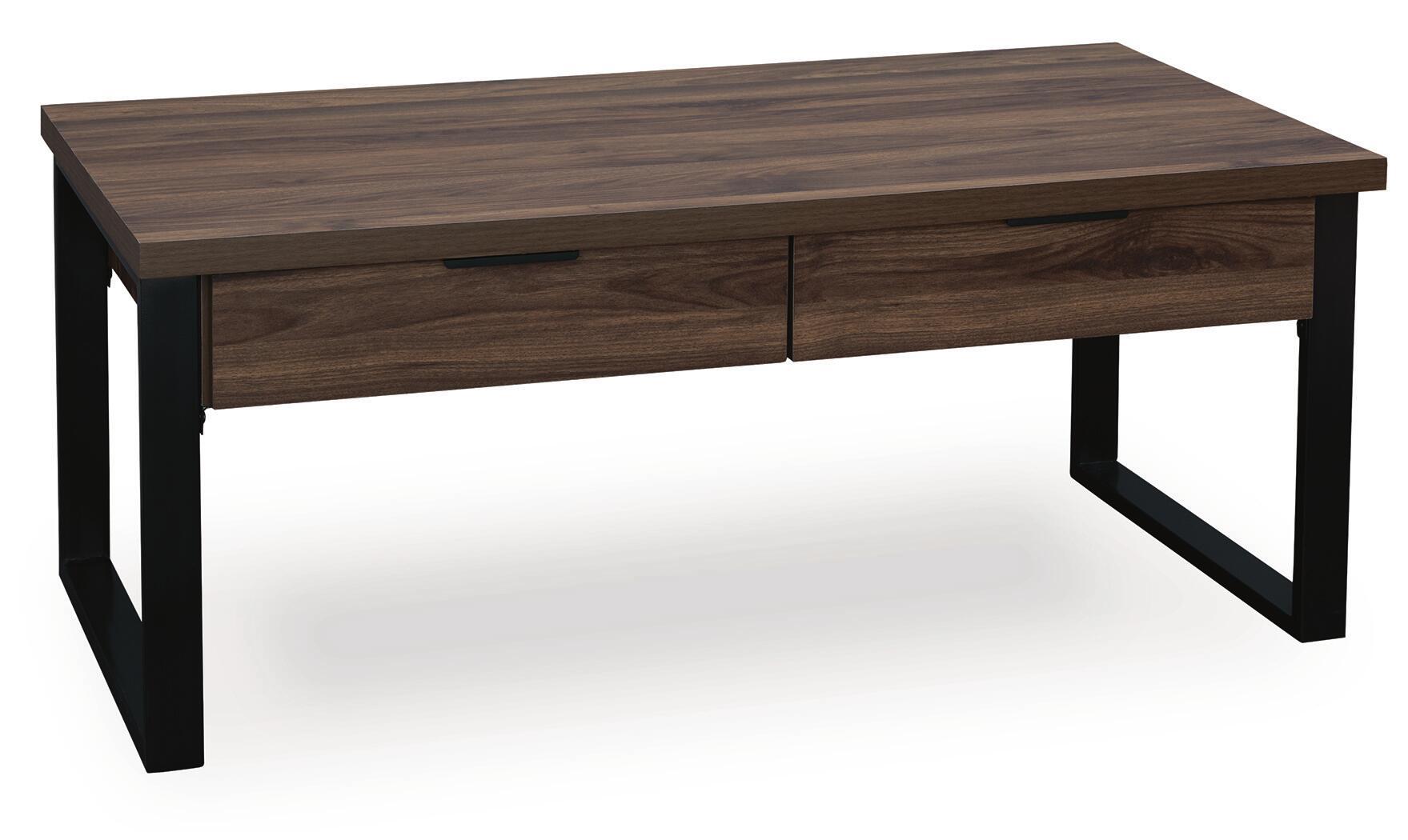 Rectangular dark brown table with drawer and angled black legs