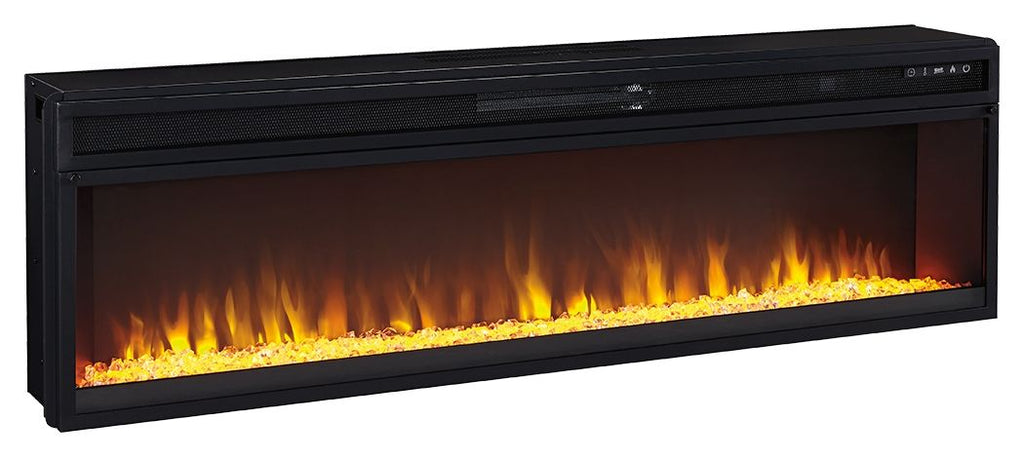 Black wide fireplace insert with front glass window and glowing flames