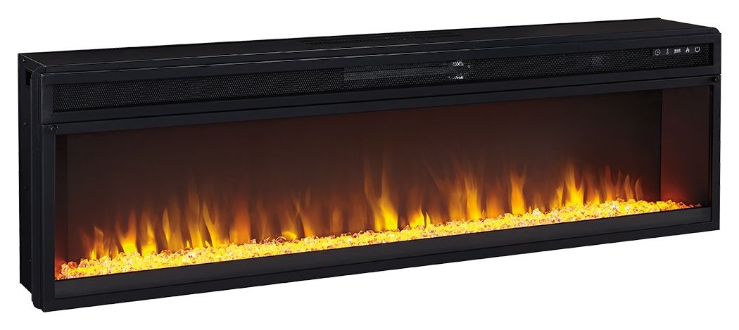 Black wide fireplace insert with front glass window and glowing flames