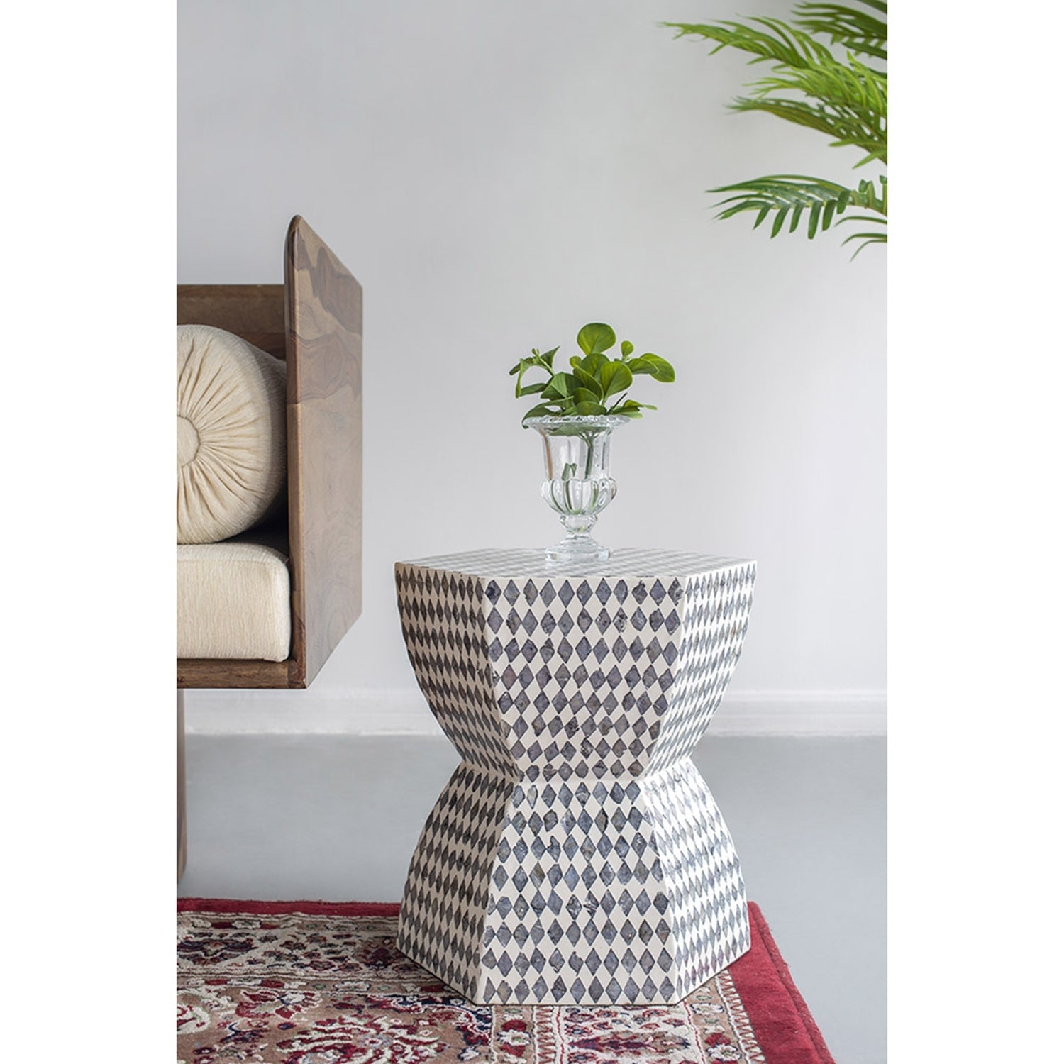 Hexagonal Capiz Stool Accent Side Table Black/White