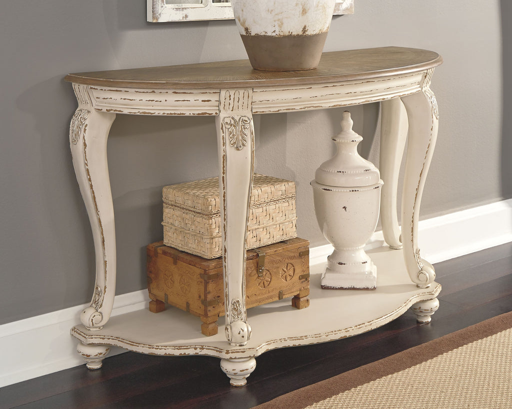 Distressed white sofa table with brown wood top and ornate cabriole legs