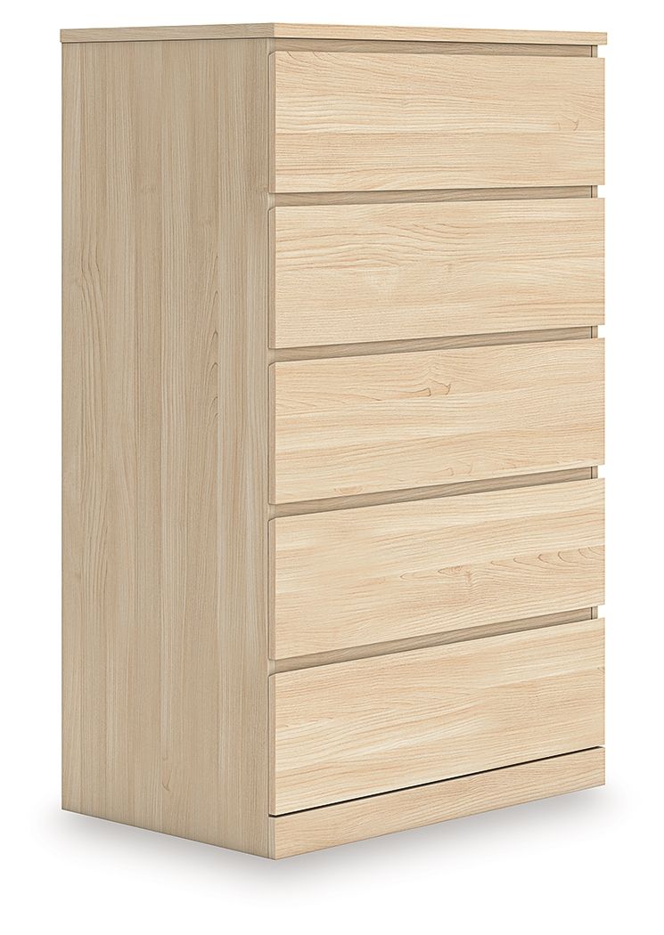 Light brown five-drawer chest with flat drawer fronts and slim pulls