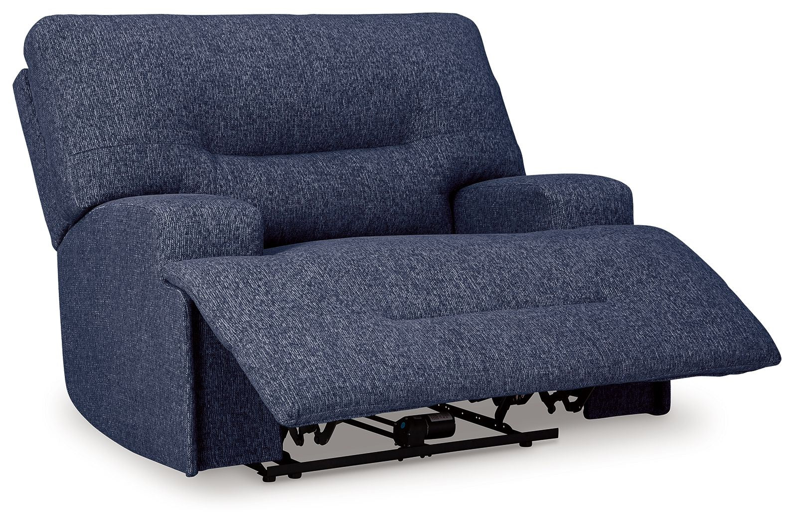 Wide seat power recliner in navy blue with extended footrest on power base.