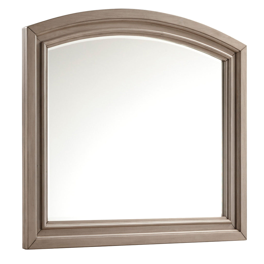 Gray arched mirror with beveled frame and wide bottom trim