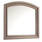 Gray arched mirror with beveled frame and wide bottom trim
