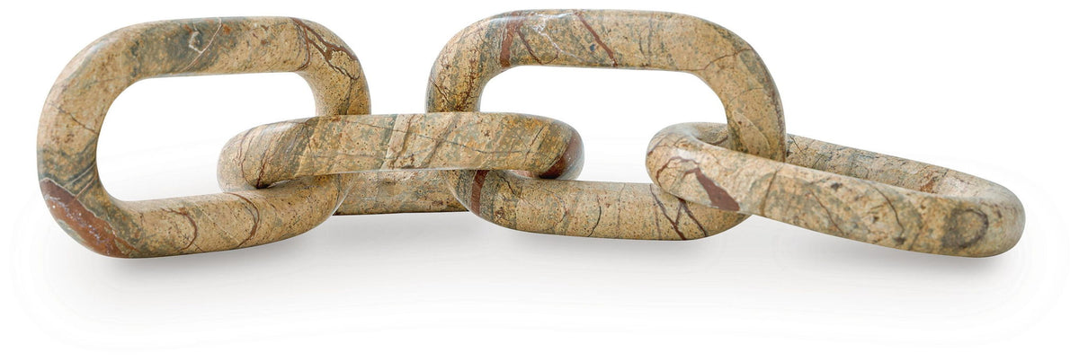 Light brown chain link sculpture with long bar and interlocked rings