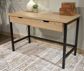 Light brown home office desk with wood top, black metal legs, front drawer