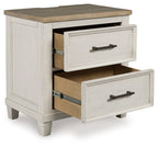 Antique white two-drawer night stand with one drawer pulled open, showing interior