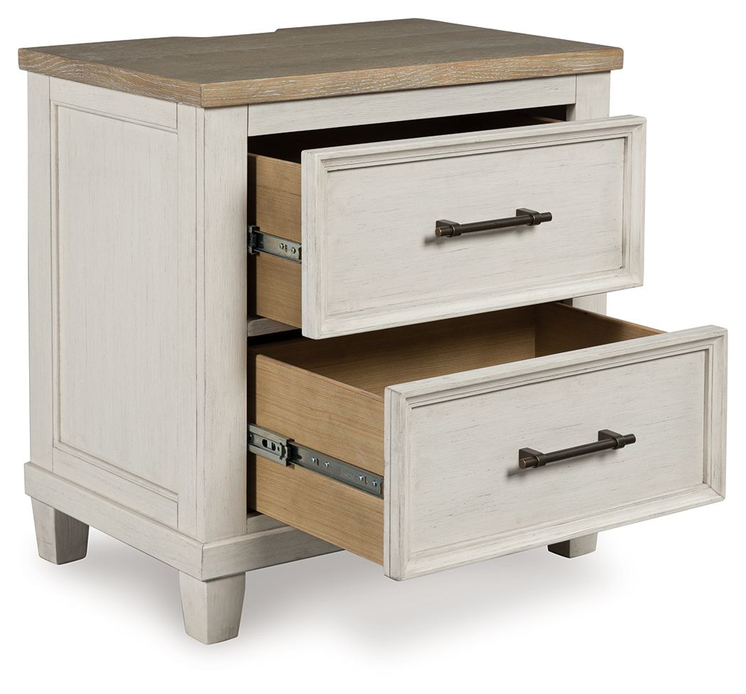 Antique white two-drawer night stand with one drawer pulled open, showing interior