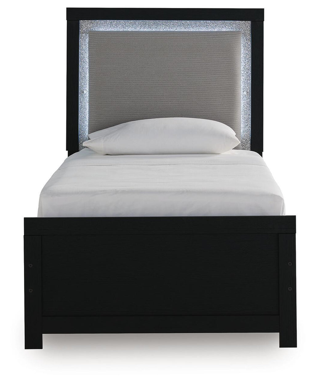 Upholstered panel bed with black frame, gray headboard panel, neatly set light bedding
