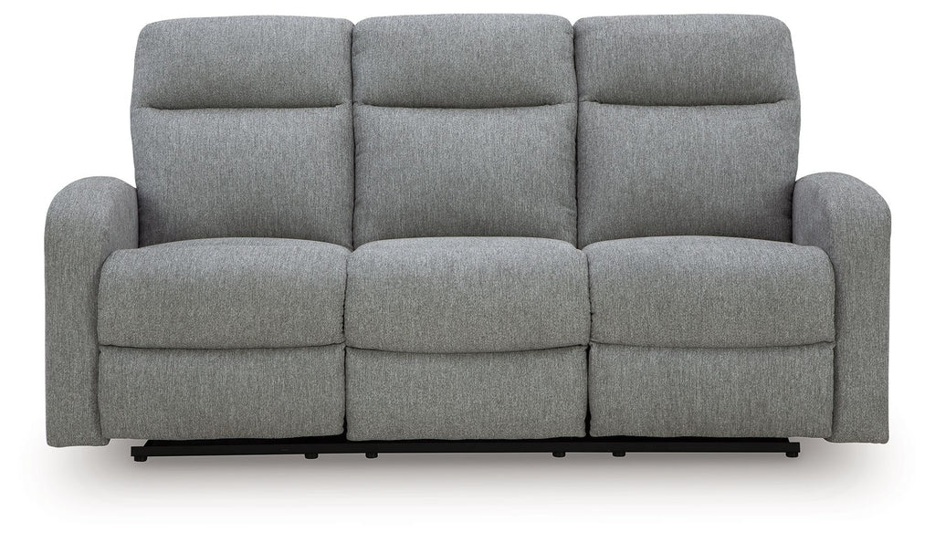 Gauntlet Sterling reclining sofa in gray fabric, three-seat front with cushioned back