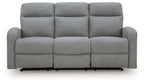 Gauntlet Sterling reclining sofa in gray fabric, three-seat front with cushioned back