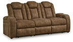 Brindle brown power reclining sofa with console and tufted back cushions