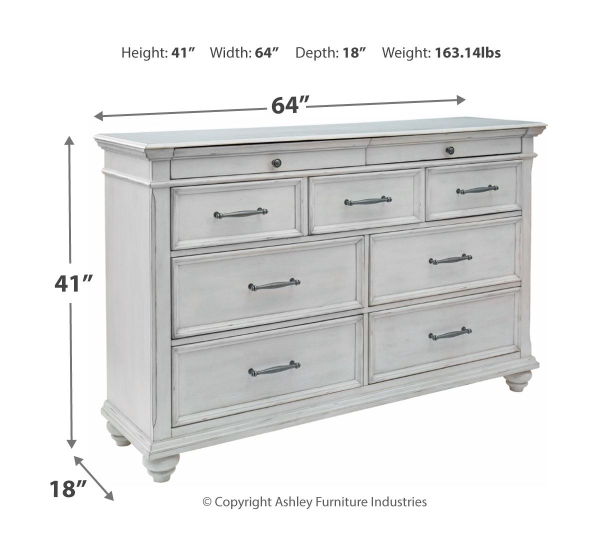 White dresser with nine drawers and metal pulls, flat top.