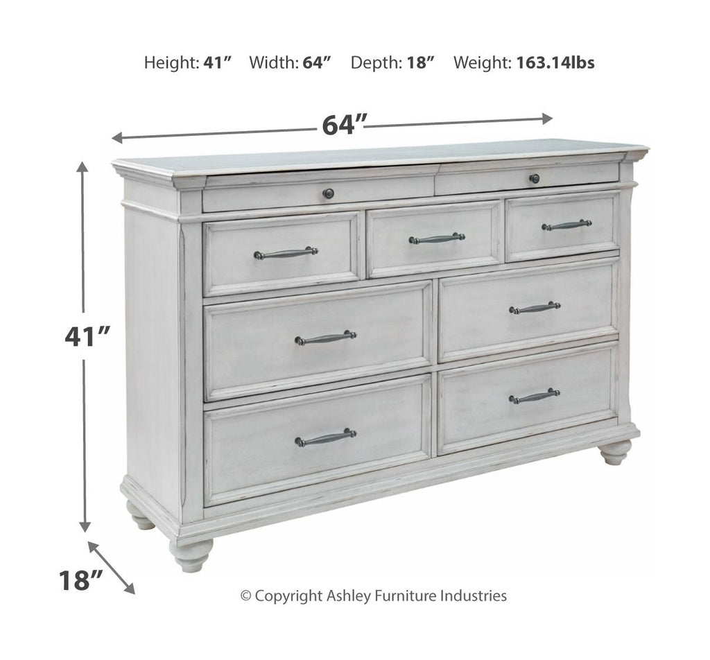 White side dresser with drawers; product dimensions shown: 64in W, 41in H, 18in D