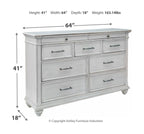 White side dresser with drawers; product dimensions shown: 64in W, 41in H, 18in D