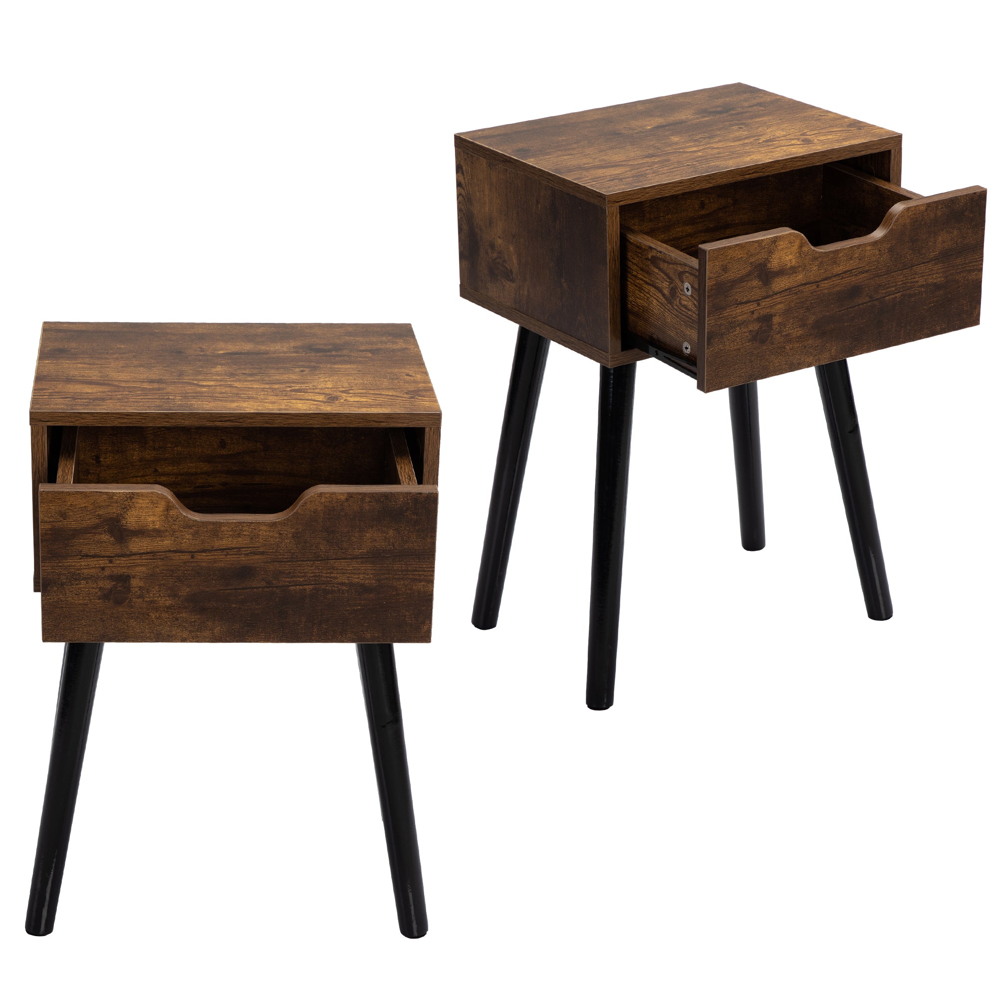 2 Mid-Century Side/End Tables with Drawer - Rustic Brown & Black