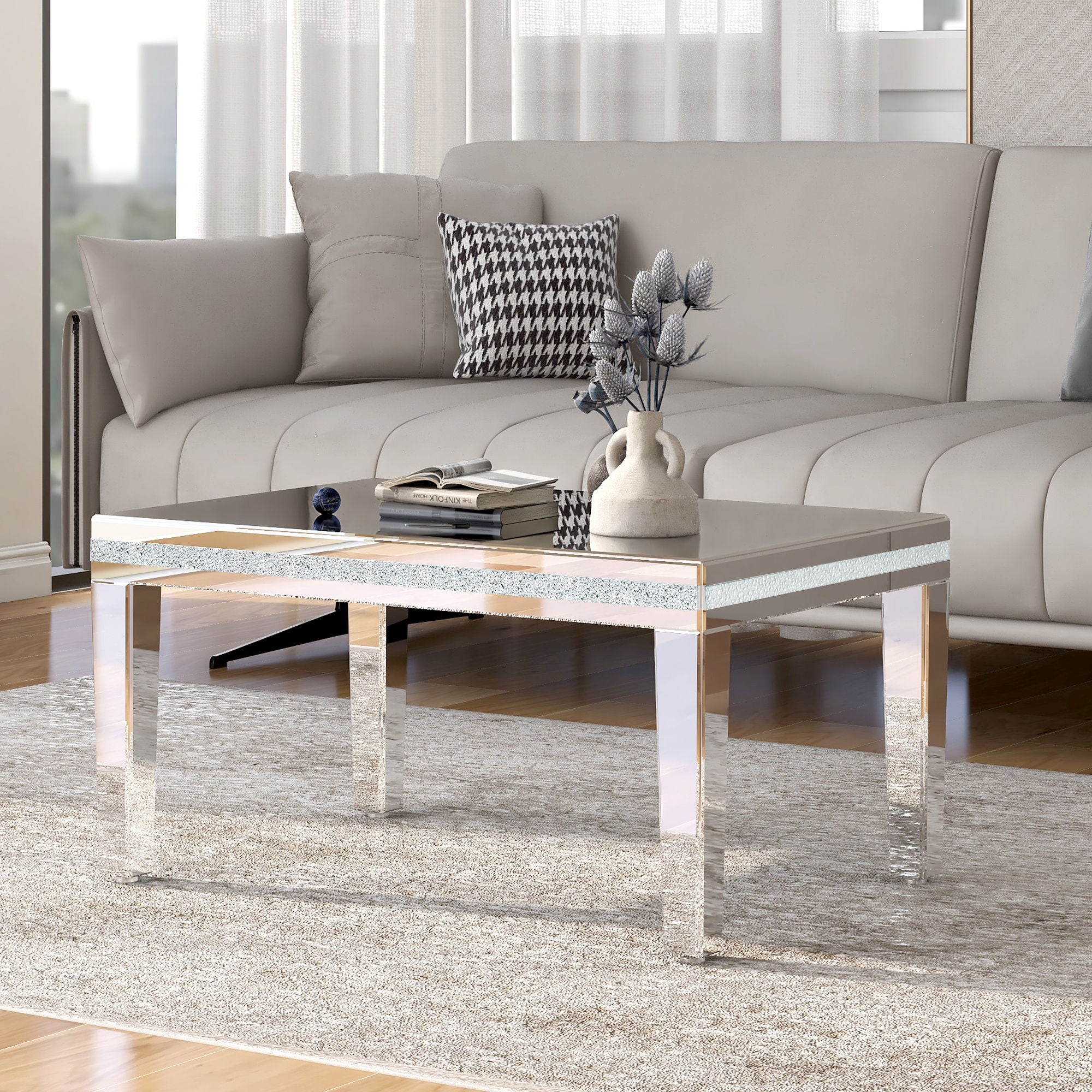 On-Trend Fashionable Modern Glass Mirrored Coffee Table, Easy Assembly Cocktail Table With Crystal Design And Adjustable Height Legs, Silver
