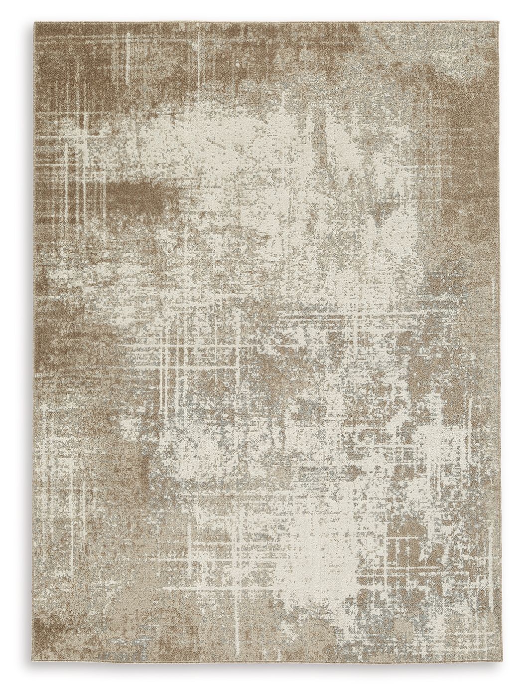 Light brown area rug with faded graphic lines and textured weave, short pile