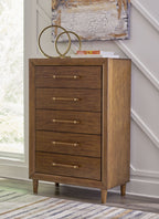 Lyncott brown five-drawer chest with long metal handles and tapered legs
