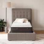 Plush mattress with quilted white top and tufted dark gray mattress edge