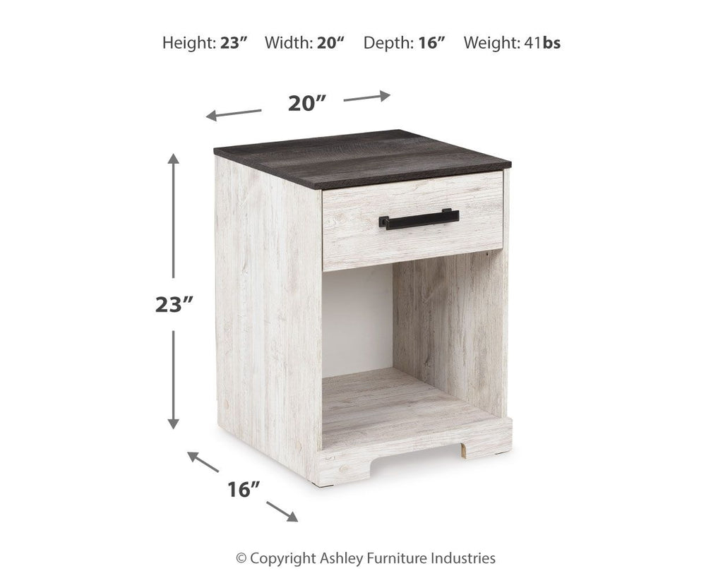 Compact night stand with open cubby and single drawer, dark top, white and gray wood