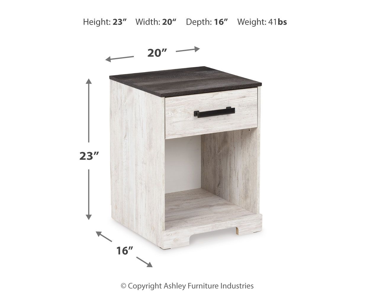 Compact night stand with open cubby and single drawer, dark top, white and gray wood
