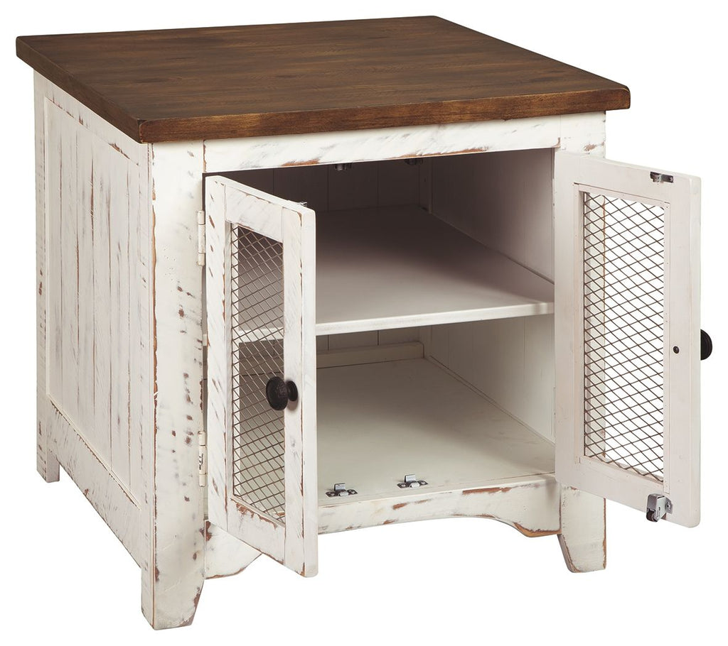 Rectangular end table with two doors, open shelves, white distressed finish and mesh