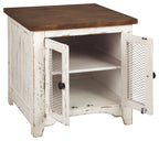 Rectangular end table with two doors, open shelves, white distressed finish and mesh