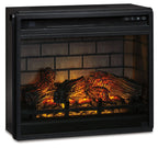 Black infrared fireplace insert angled view with illuminated logs and embers