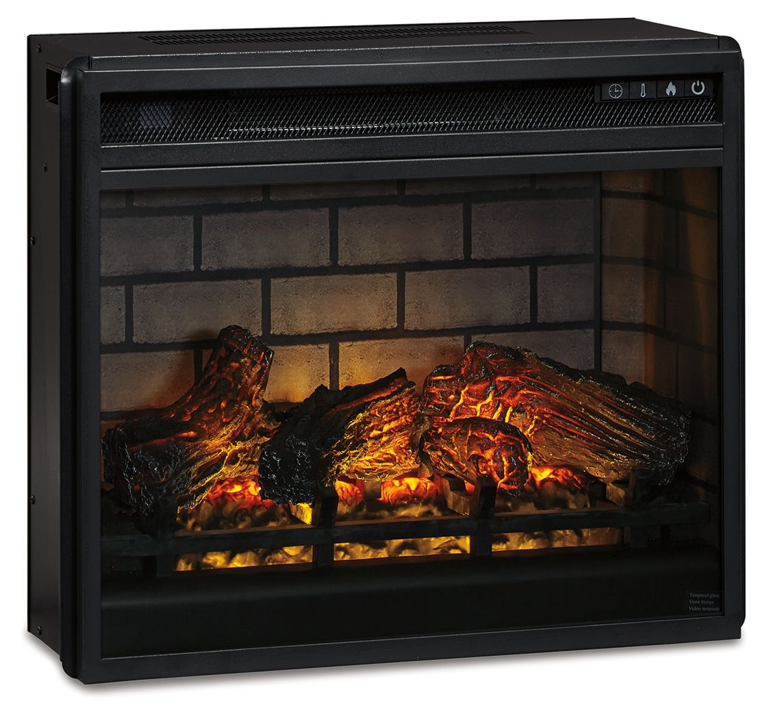 Black infrared fireplace insert angled view with illuminated logs and embers
