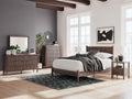 Dark brown six-drawer dresser with straight wooden drawer fronts and clean hardware