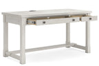 White desk with sliding drawer front and open lower shelf under the tabletop
