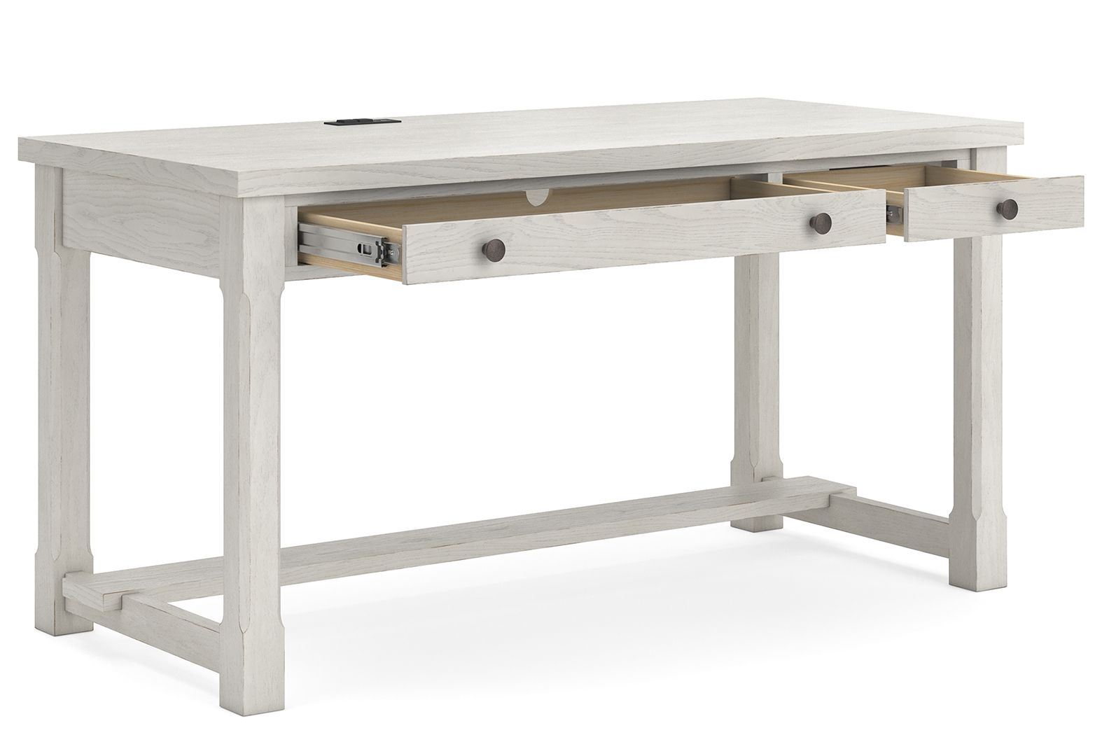 White desk with sliding drawer front and open lower shelf under the tabletop