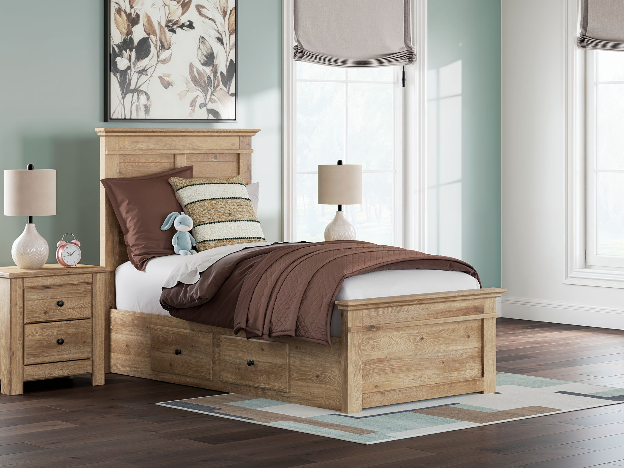 Light brown panel storage bed with drawers on the side and open headboard paneling.