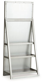 Champagne floor standing mirror with open storage shelves and back panel.