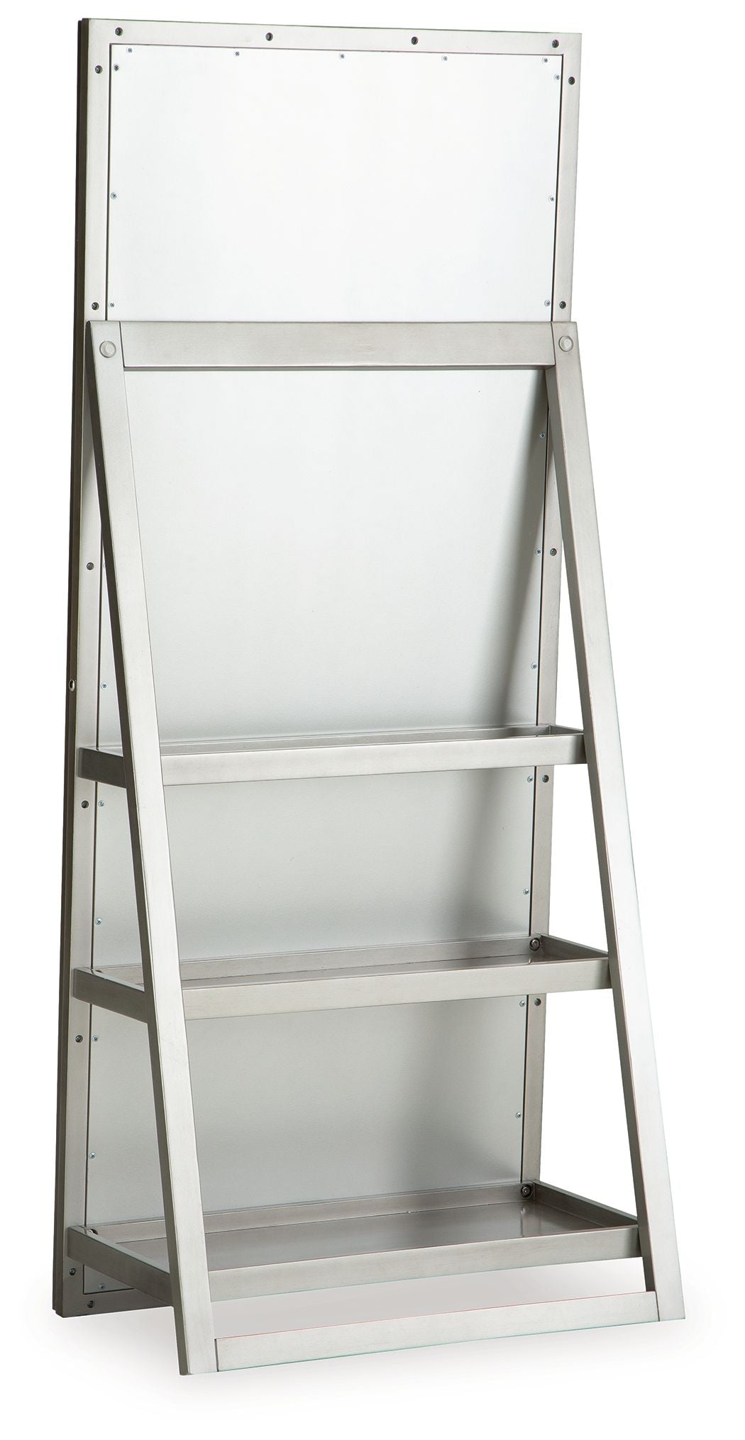 Champagne floor standing mirror with open storage shelves and back panel.