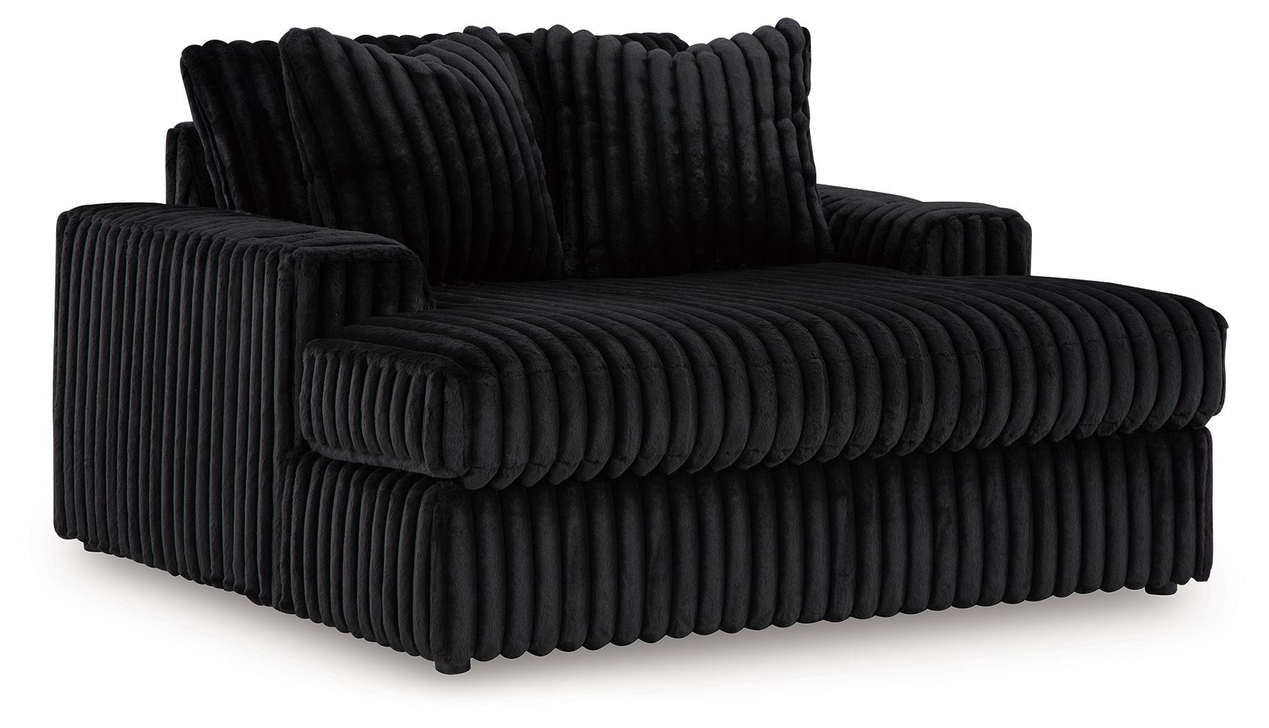 Black corded sectional chaise with rounded arm and tufted cushion seating