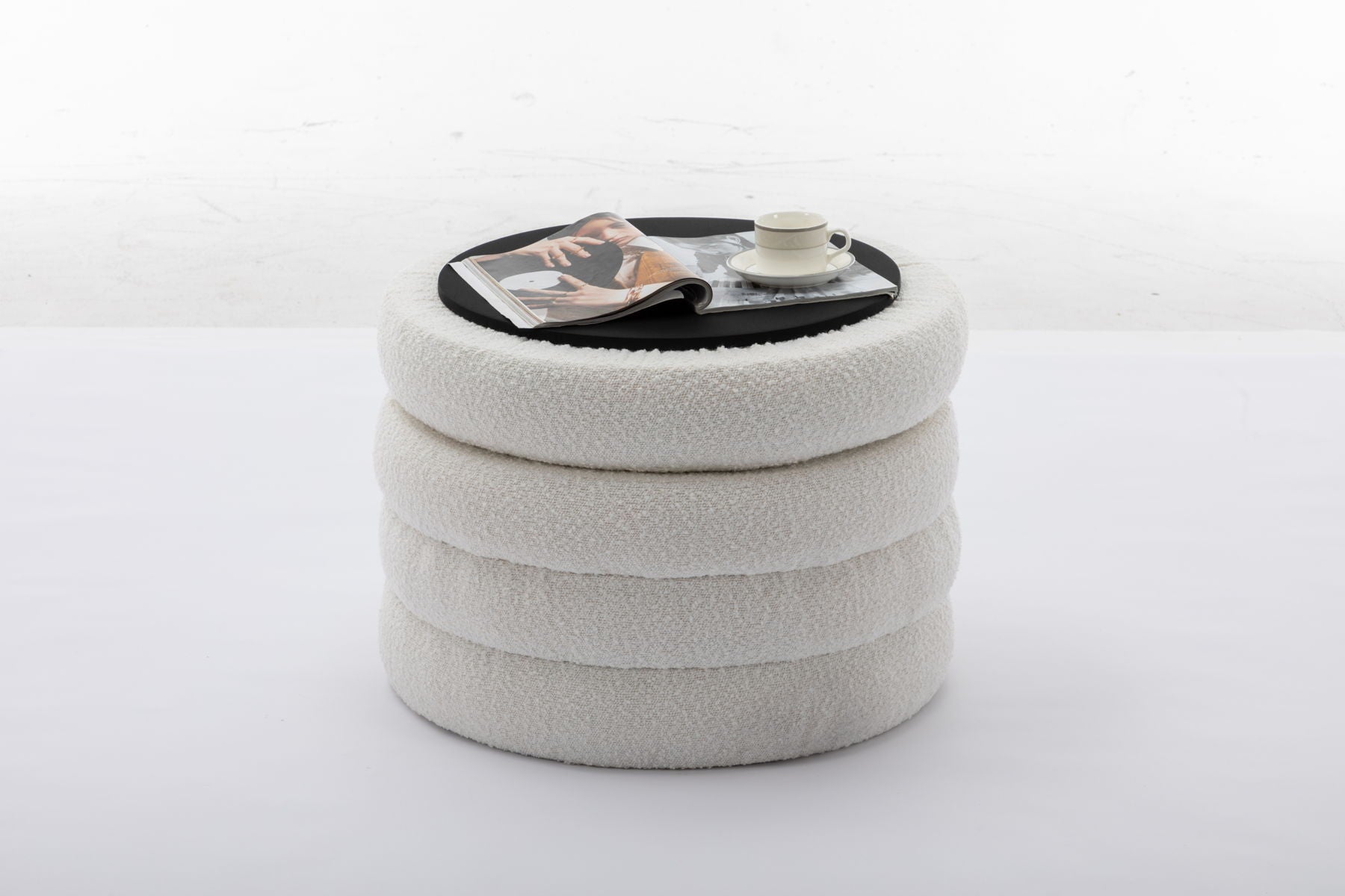 Boucle Fabric Storage Round Ottoman Footstool With Wooden Shelving, Ivory