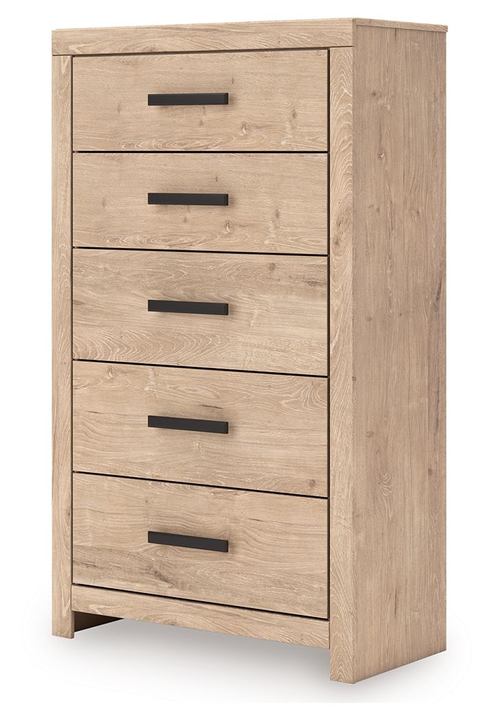 Five-drawer chest with light tan wood finish and five black bar pulls