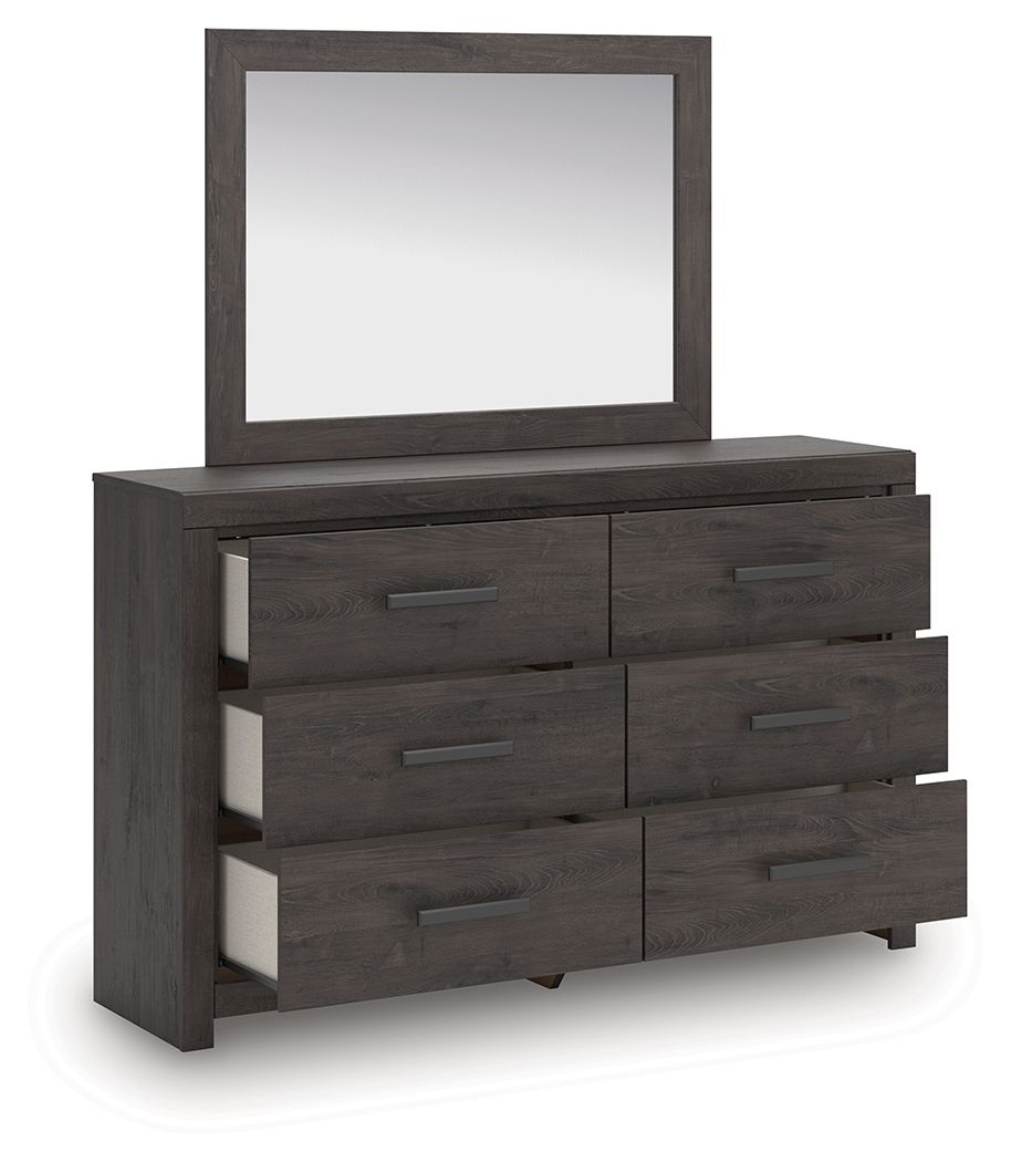 Charcoal dresser with six drawers and rectangular mirror, dark wood finish with metal pulls.