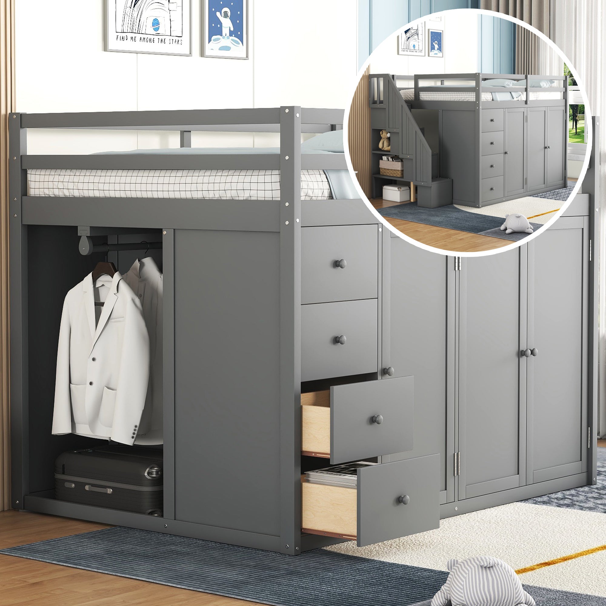 Gray Full Size Wood Loft Bed: Wardrobes, Cabinets, Drawers