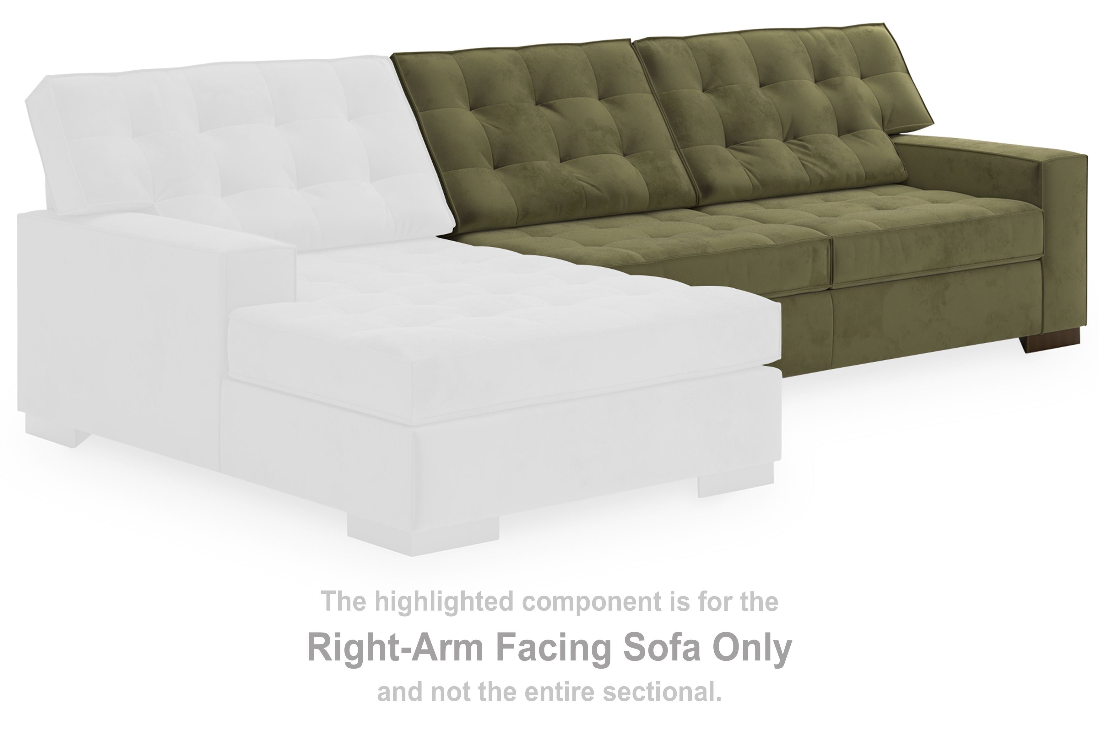 Olive green right-arm sofa with tufted back and cushion seat, thick track arms