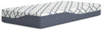 10-inch firm mattress with white cover and blue net-patterned top