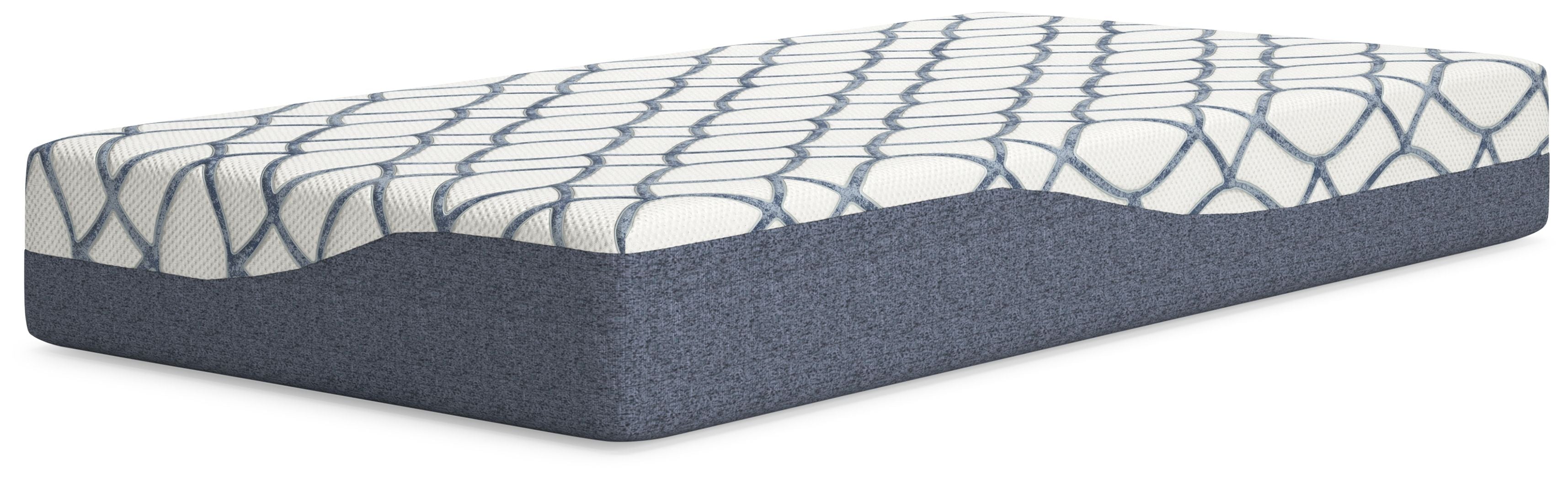 10-inch firm mattress with white cover and blue net-patterned top